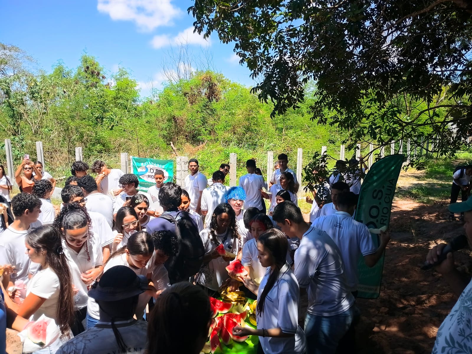 Grupo reunido ao redor de uma mesa com frutas